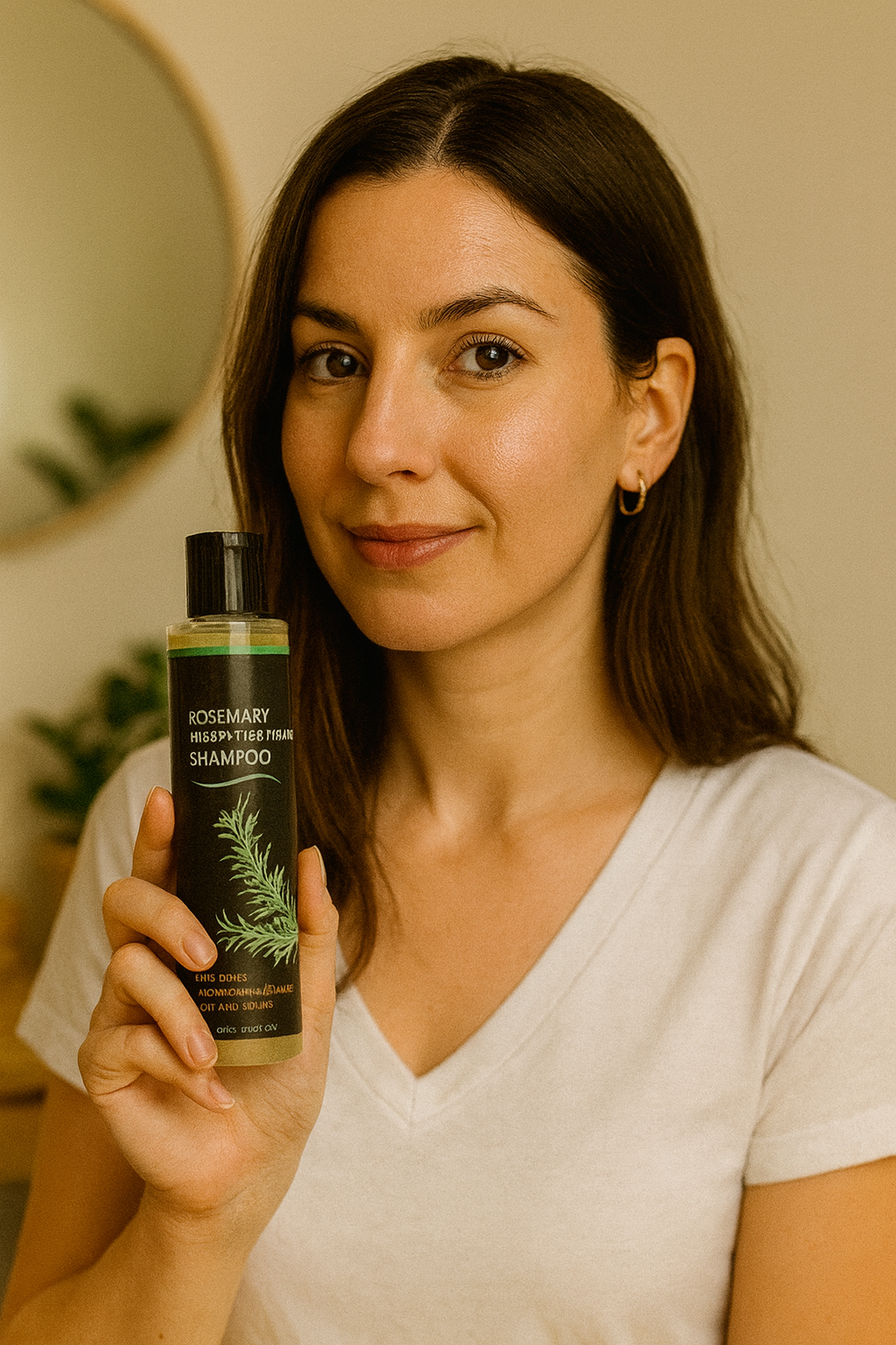 Woman holding a bottle of Rosemary Mint Shampoo in a casual setting