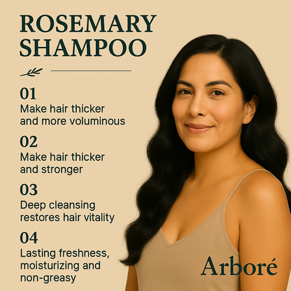 Woman with long, wavy hair on a beige background with text about Rosemary Shampoo and Arboré brand.