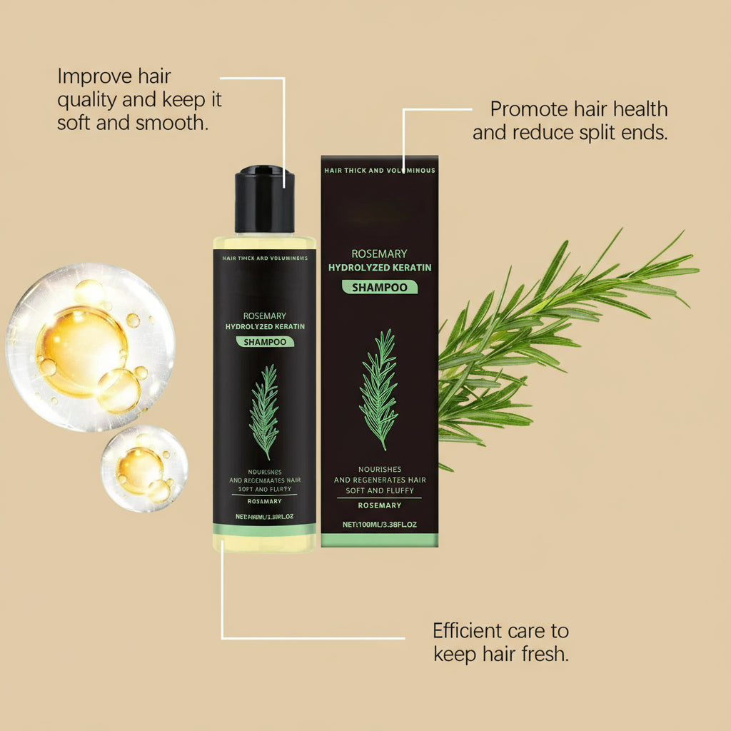 Shampoo bottle with rosemary leaves and text on a golden background
