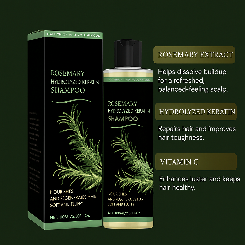 Rosemary hydrolyzed keratin shampoo with packaging on a dark green background