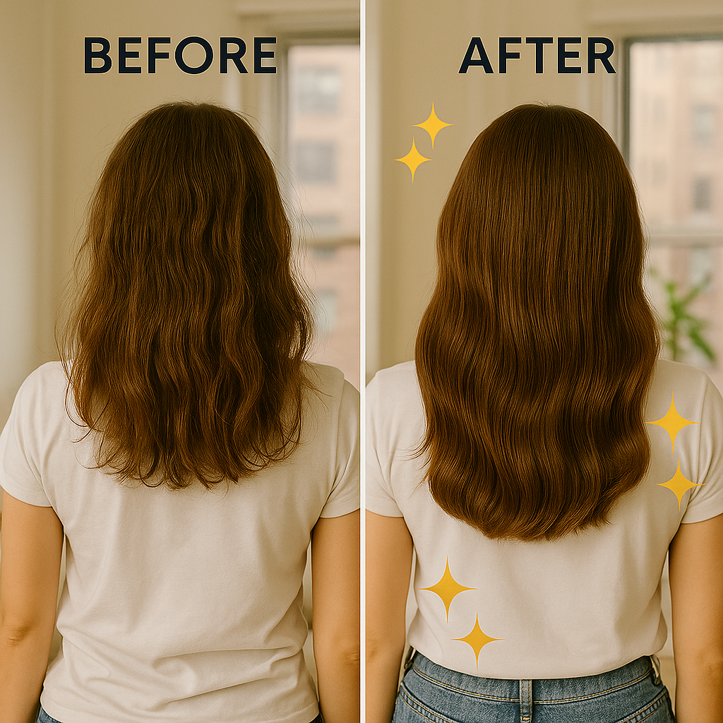 Before and after comparison of hair length with a person wearing a white shirt against a beige background.