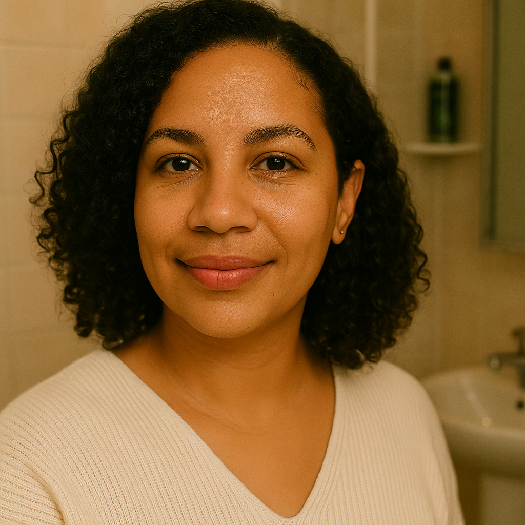 Woman holding a bottle of shampoo with a natural background