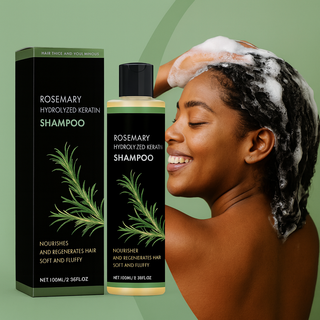 Rosemary hydrolyzed keratin shampoo with packaging and a person using it on a green background